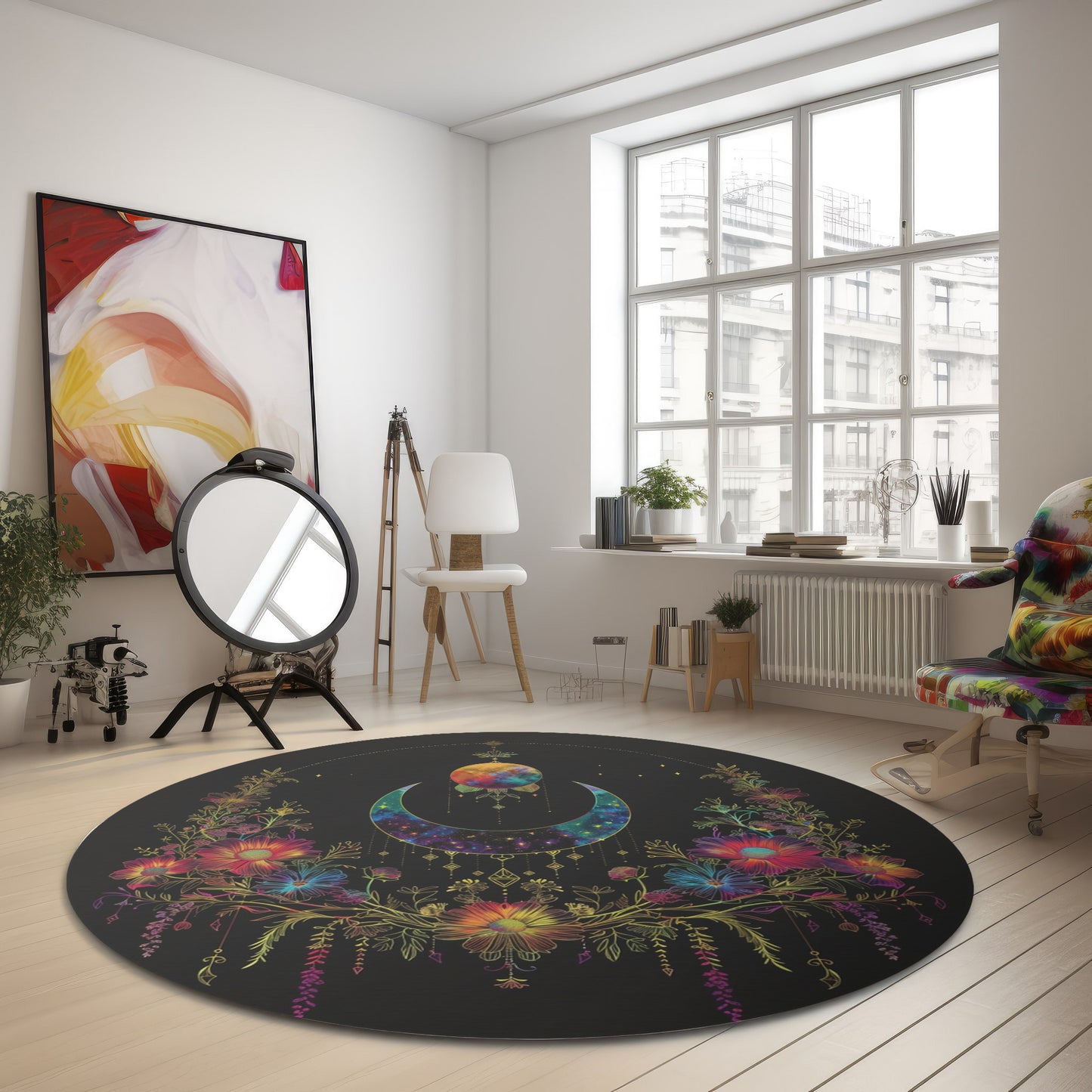 Celestial Garden Round Chenille Area Rug, Cosmic Bloom Aesthetic, Moonlit Floral Symphony, Starlit Wilderness Design, Galactic Botanical Decor