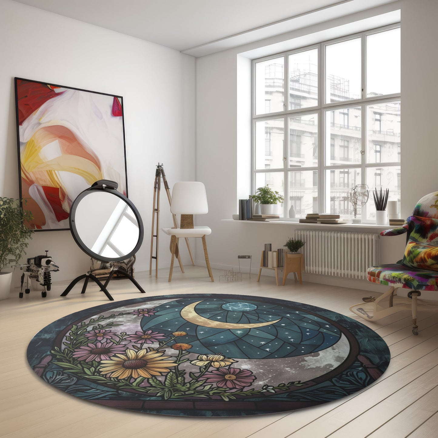 Crescent Moon and Blooms Stained Glass Chenille Rug, Enchanted Night Floral Circle Mat, Serene Home Decor for Living and Sleep Spaces