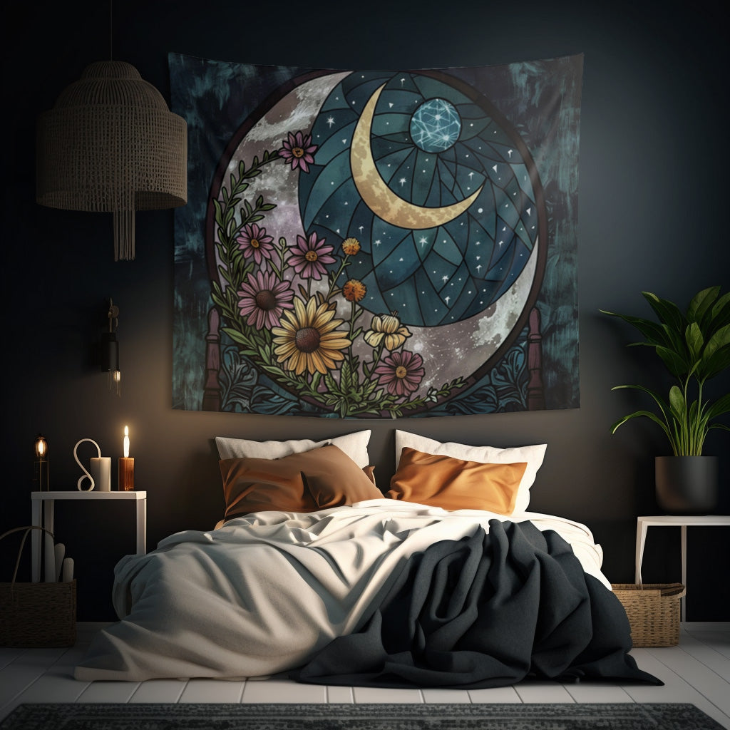 Enchanted Night Blooms & Crescent Moon Wall Tapestry, Stained Glass Style Floral Art, Mystic Decor for Peaceful & Dreamy Spaces