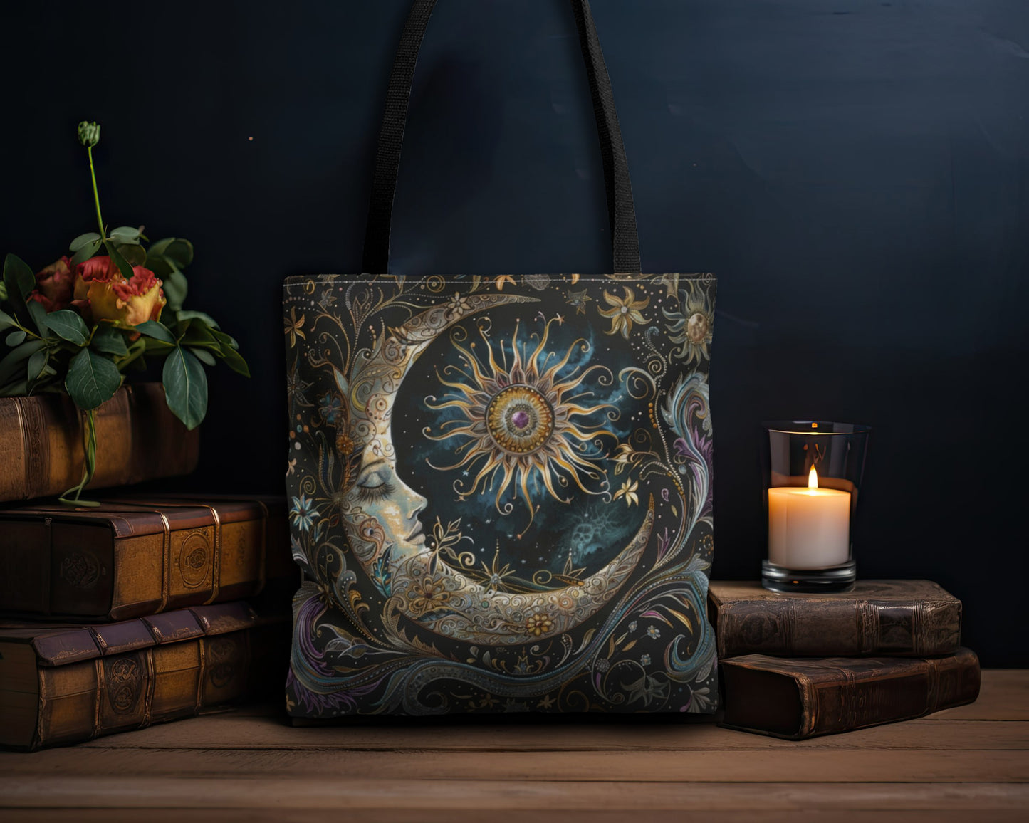 Crescent Moon & Sun Polyester Tote Bag (Double Sided), Art Nouveau and Mystical Folk Inspired, Available in 3 Sizes with Black Handles