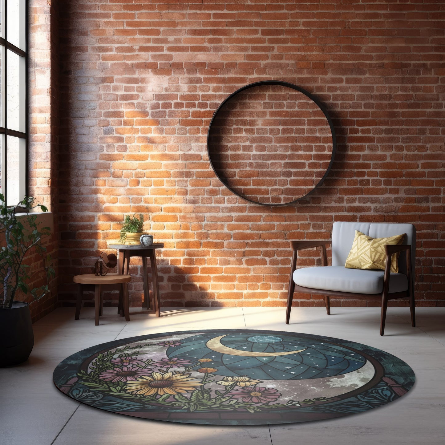 Crescent Moon and Blooms Stained Glass Chenille Rug, Enchanted Night Floral Circle Mat, Serene Home Decor for Living and Sleep Spaces
