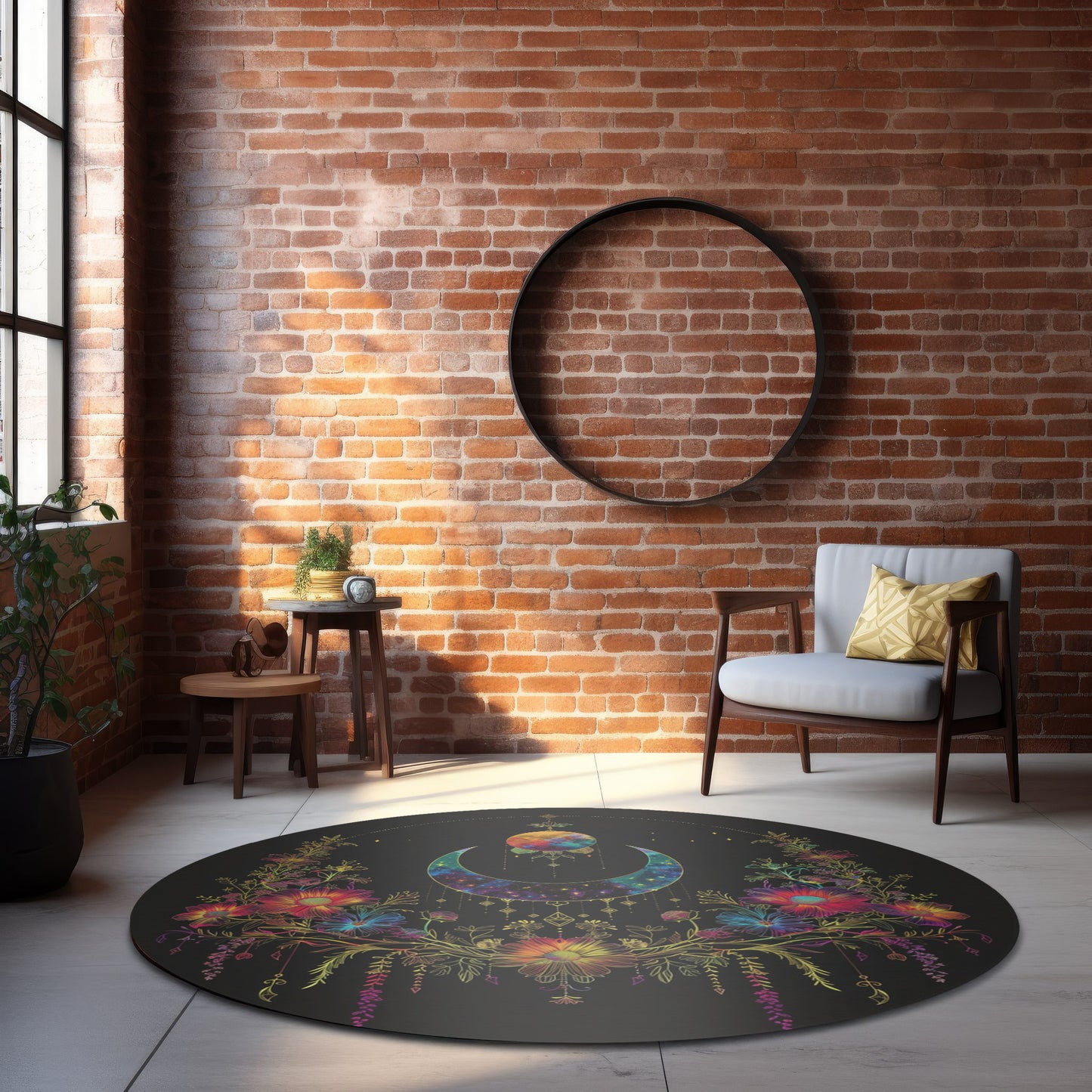 Celestial Garden Round Chenille Area Rug, Cosmic Bloom Aesthetic, Moonlit Floral Symphony, Starlit Wilderness Design, Galactic Botanical Decor