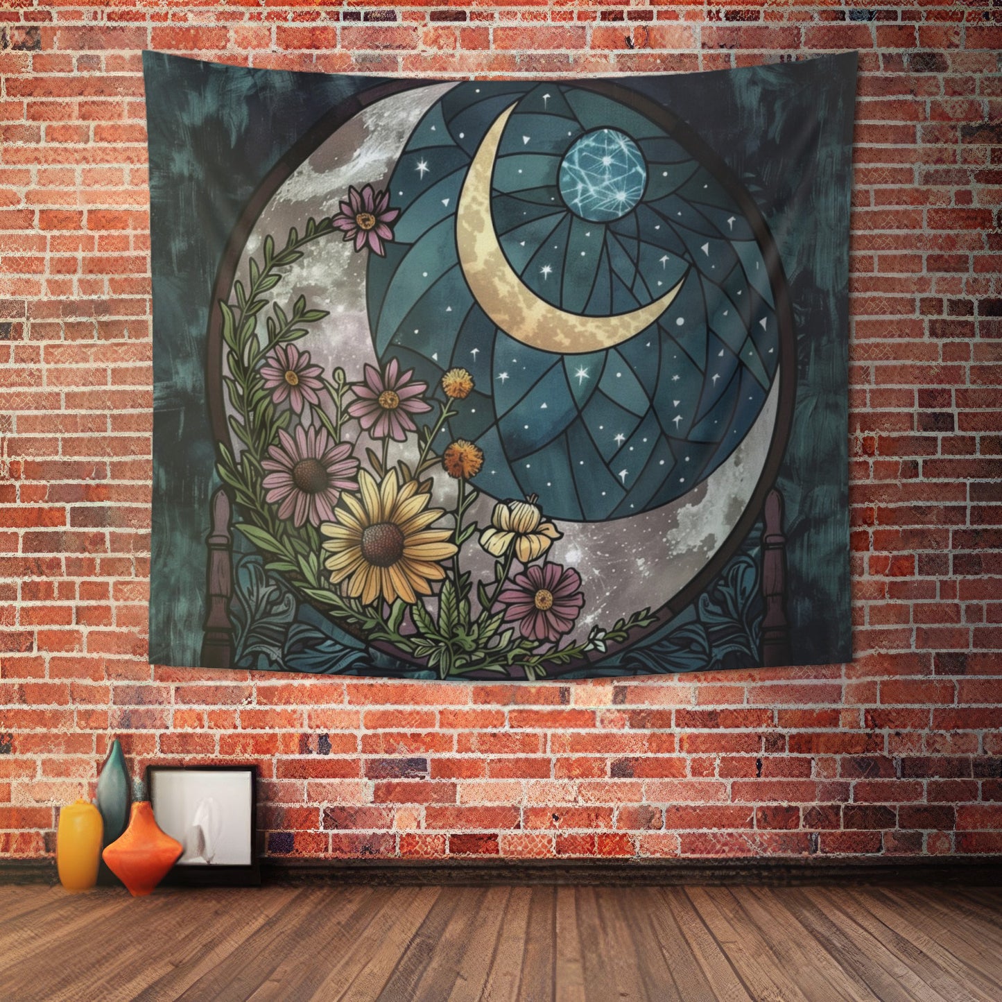 Enchanted Night Blooms & Crescent Moon Wall Tapestry, Stained Glass Style Floral Art, Mystic Decor for Peaceful & Dreamy Spaces