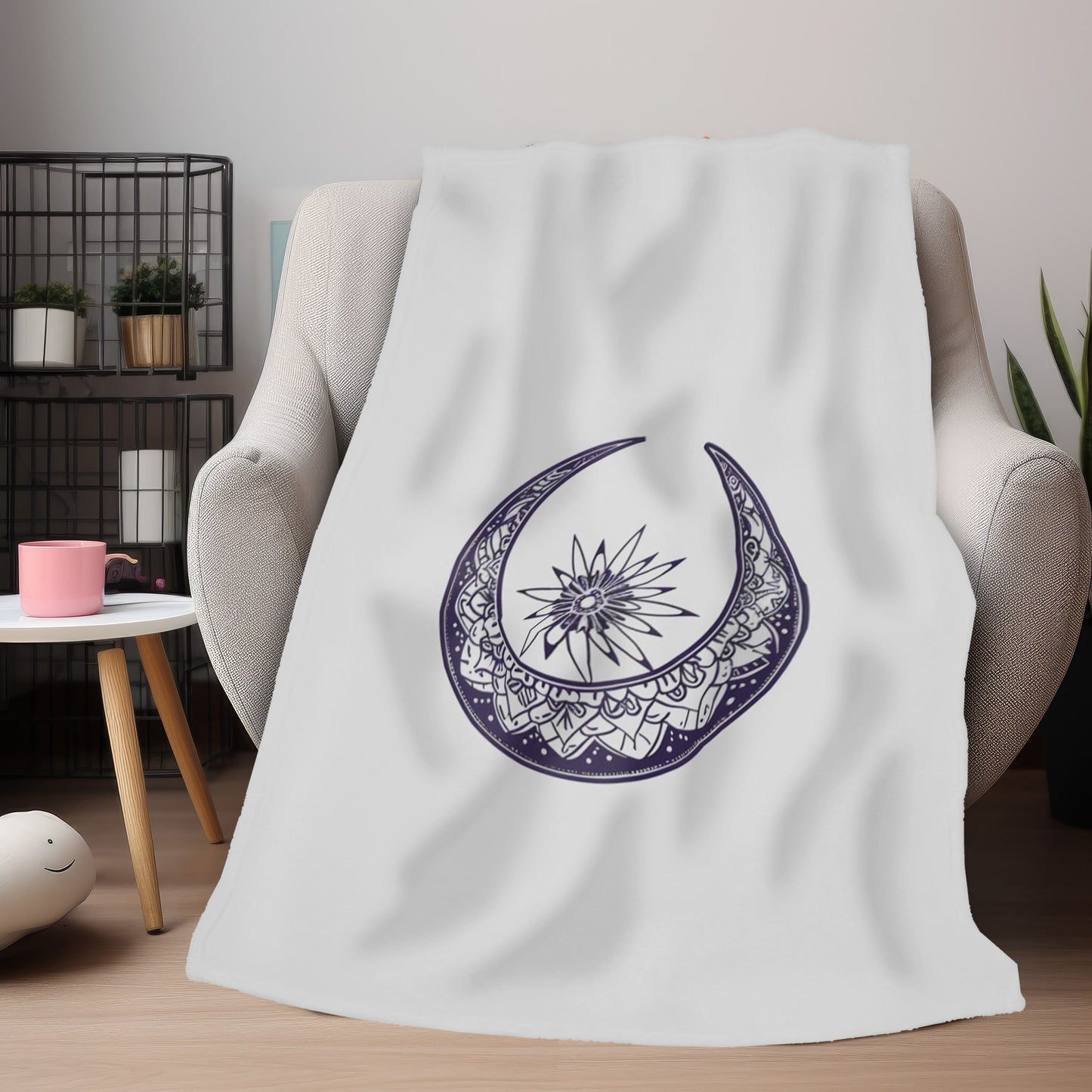 Mandala Crescent Moon 2-Sided Throw Blanket, Intricate Bohemian Design, Spiritual Zen Decor for Meditation Room, Bedroom, and Living Spaces