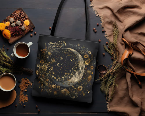 Crescent Moon & Wildflower Mandala Polyester Tote Bag (Double Sided), Dark Cottagecore Design, Lunar Style Fashion, 3 Sizes, Black Handles