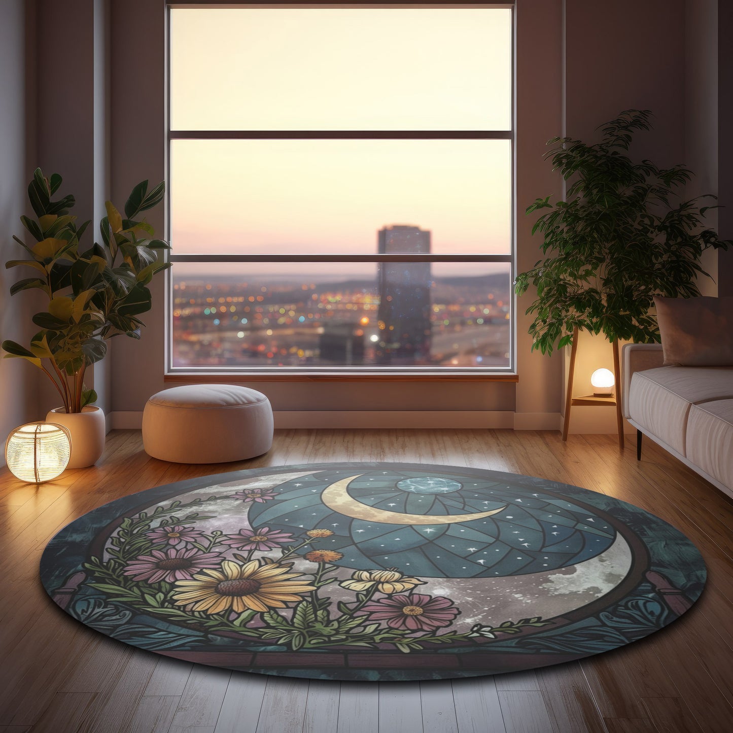 Crescent Moon and Blooms Stained Glass Chenille Rug, Enchanted Night Floral Circle Mat, Serene Home Decor for Living and Sleep Spaces