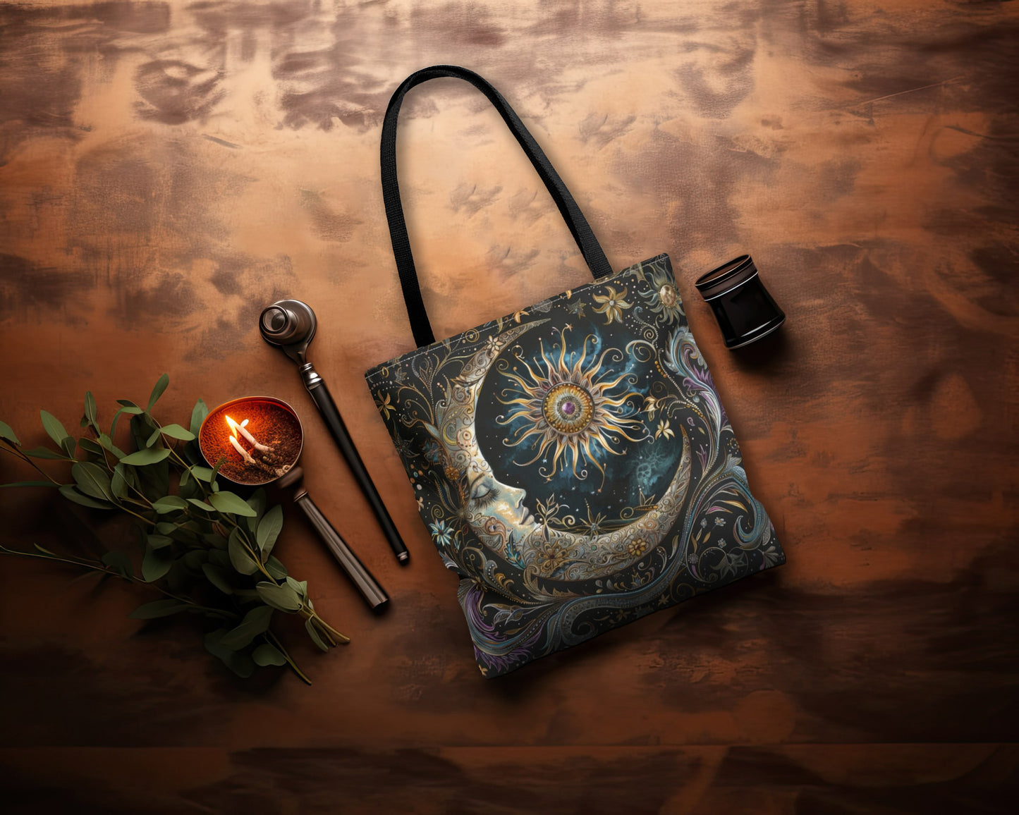 Crescent Moon & Sun Polyester Tote Bag (Double Sided), Art Nouveau and Mystical Folk Inspired, Available in 3 Sizes with Black Handles