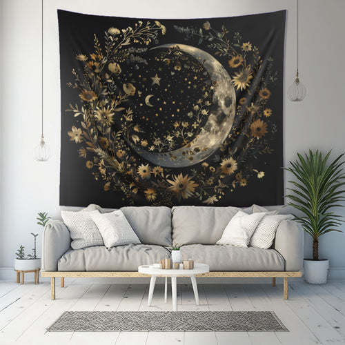 Crescent Moon & Wildflower Mandala Indoor Wall Tapestry, Dark Cottagecore Design, Witchy Aesthetic Bedroom, Living, and Dorm Room Decor