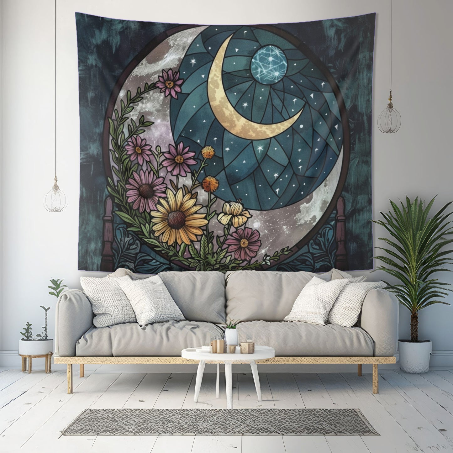 Enchanted Night Blooms & Crescent Moon Wall Tapestry, Stained Glass Style Floral Art, Mystic Decor for Peaceful & Dreamy Spaces
