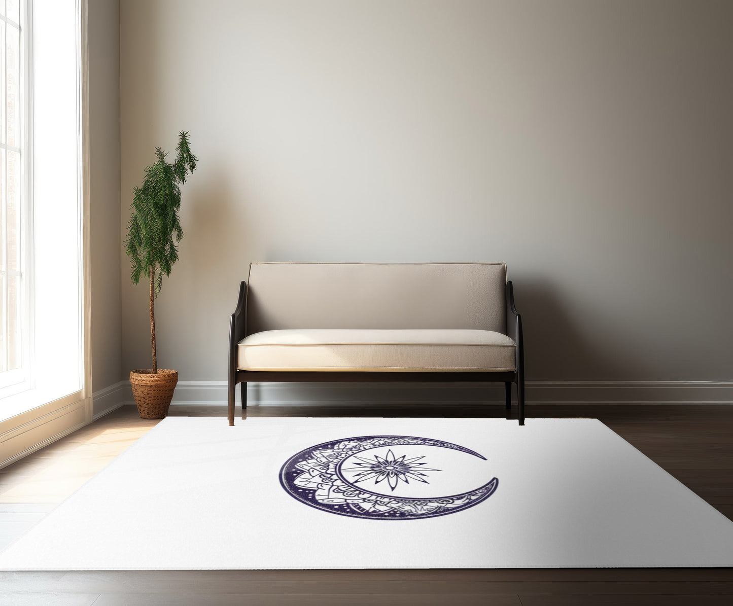 Mandala Crescent Moon Chenille Area Rug, Intricate Bohemian Design, Spiritual Zen Decor for Meditation Room, Bedroom, and Living Spaces