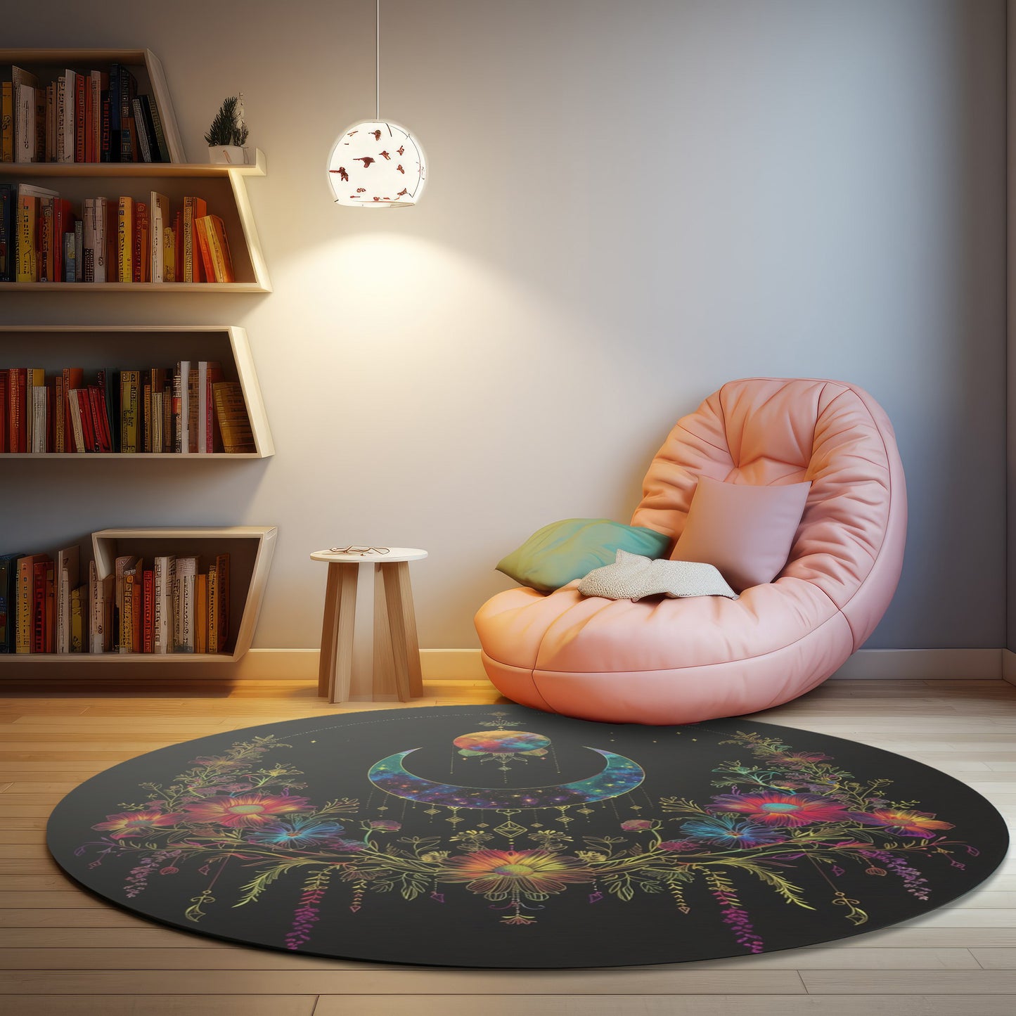 Celestial Garden Round Chenille Area Rug, Cosmic Bloom Aesthetic, Moonlit Floral Symphony, Starlit Wilderness Design, Galactic Botanical Decor
