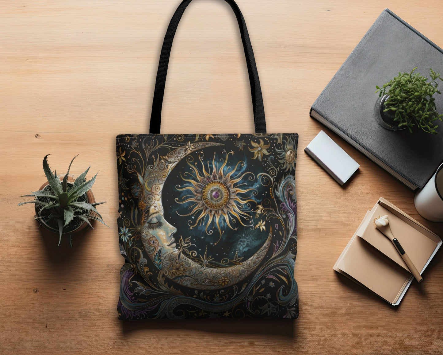 Crescent Moon & Sun Polyester Tote Bag (Double Sided), Art Nouveau and Mystical Folk Inspired, Available in 3 Sizes with Black Handles