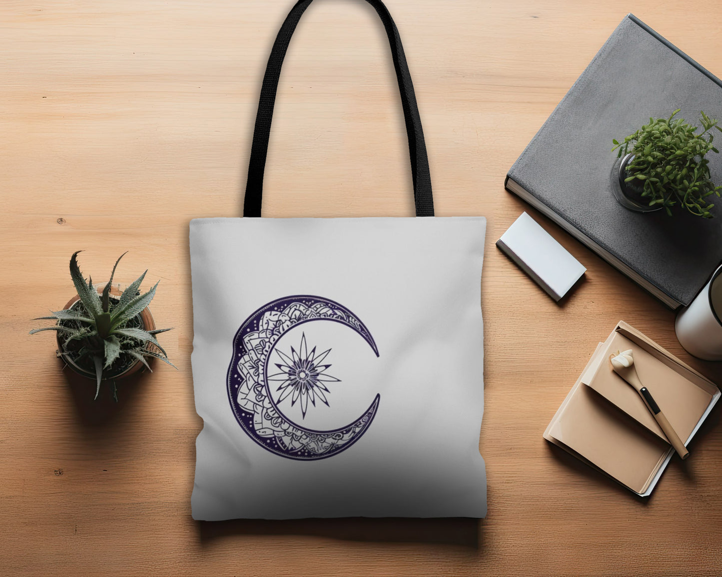 Mandala Crescent Moon Polyester Tote Bag (3 Sizes), Intricate Bohemian Design, Spiritual Zen Fashion Style, Black Handles, Celestial Aesthetic