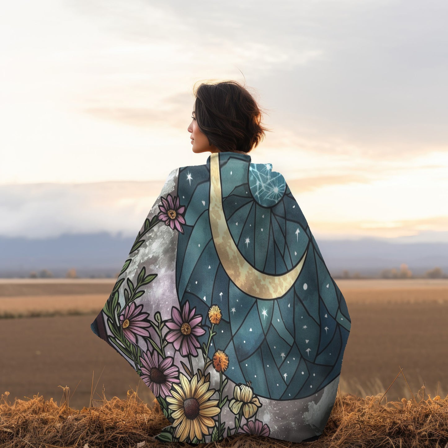Nocturnal Blossom & Crescent Moon Stained Glass Double-Sided Throw Blanket, Starlit Floral Elegance, Soft Warmth for Evening Unwinding