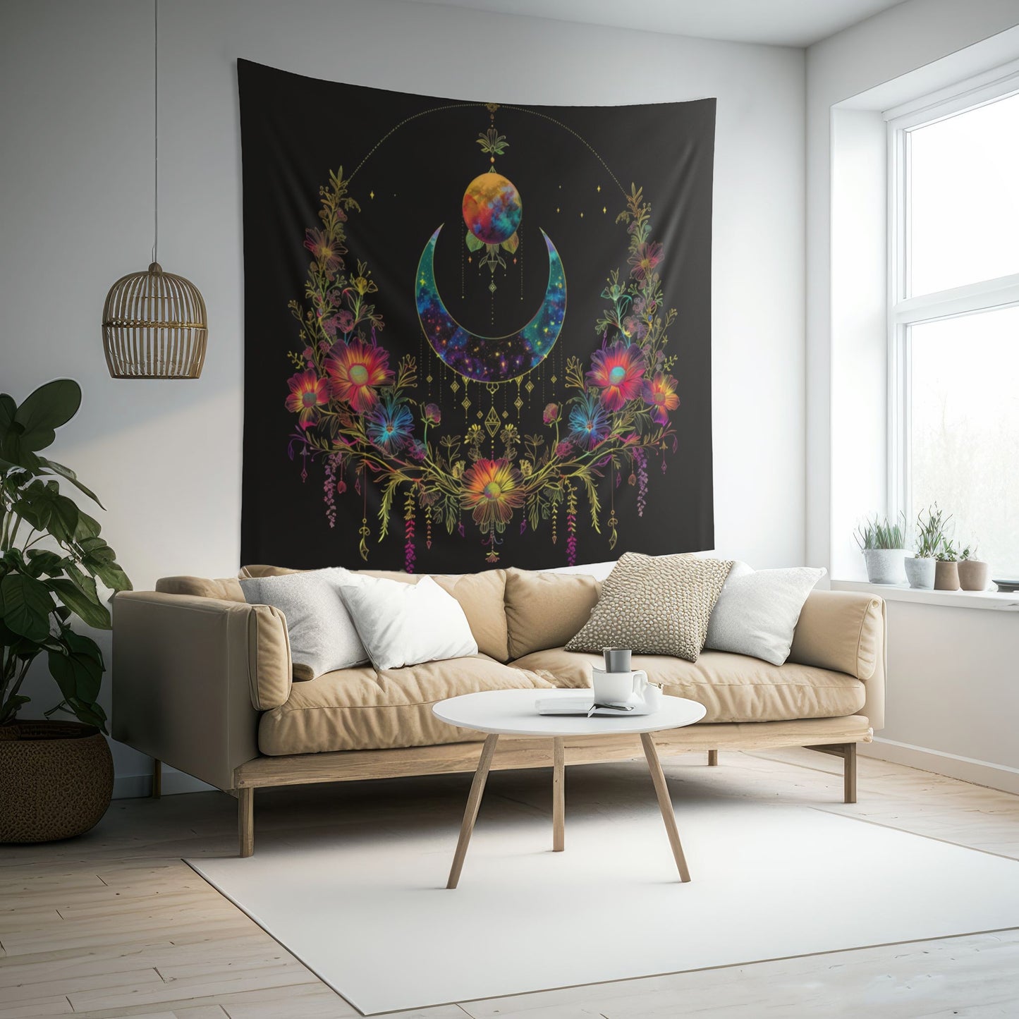 Celestial Garden Indoor Wall Tapestry, Cosmic Bloom Aesthetic, Moonlit Floral Symphony, Starlit Wilderness Design, Galactic Botanical Wall Art