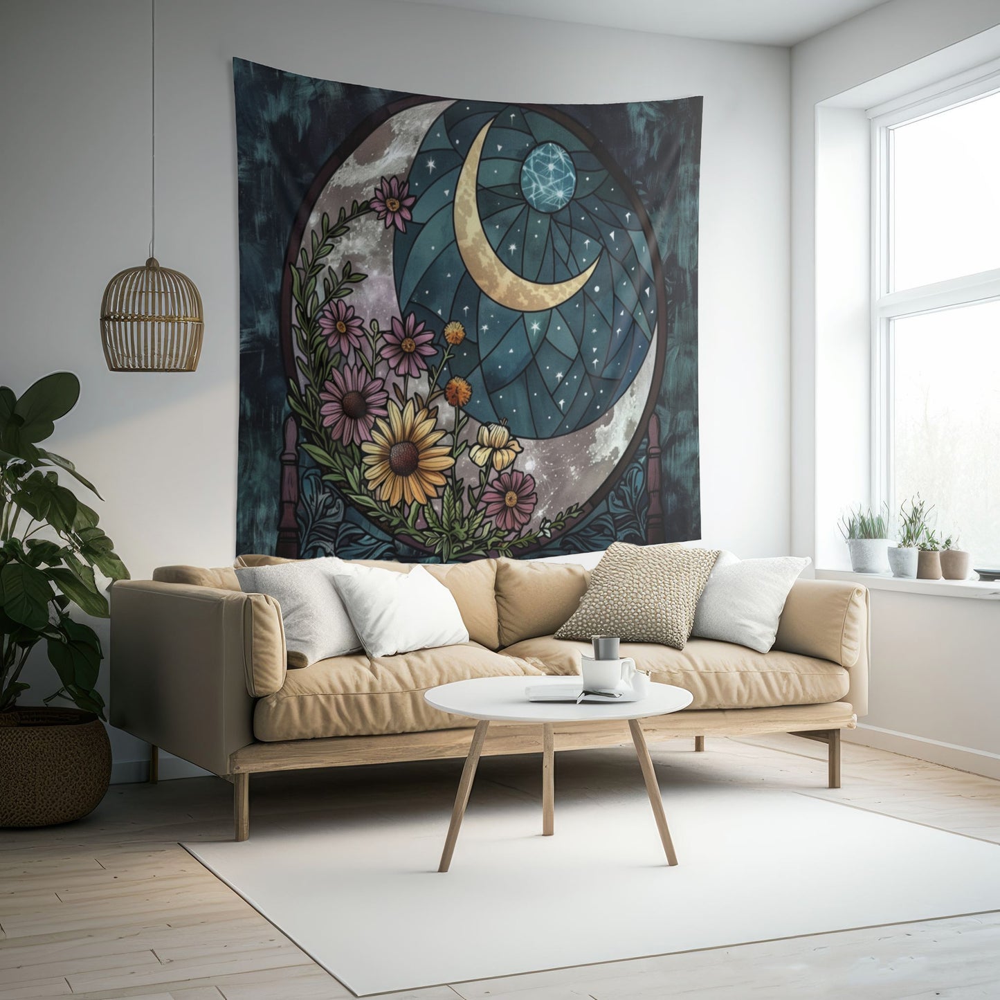 Enchanted Night Blooms & Crescent Moon Wall Tapestry, Stained Glass Style Floral Art, Mystic Decor for Peaceful & Dreamy Spaces