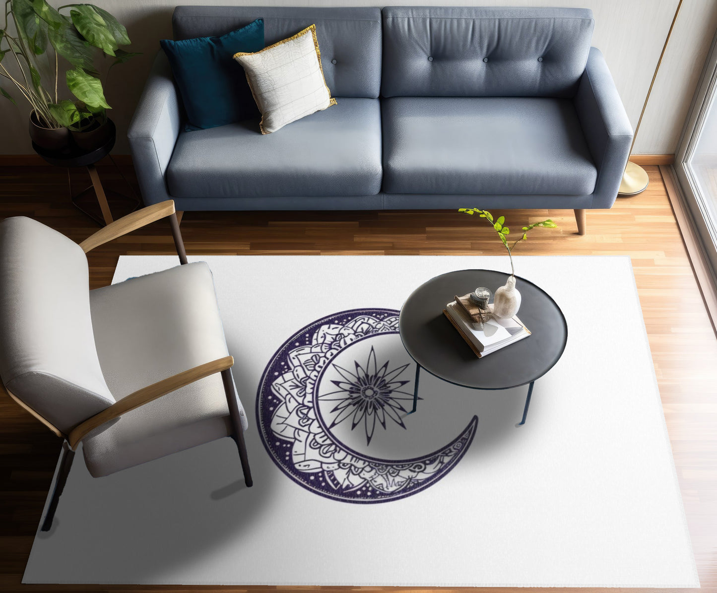 Mandala Crescent Moon Chenille Area Rug, Intricate Bohemian Design, Spiritual Zen Decor for Meditation Room, Bedroom, and Living Spaces