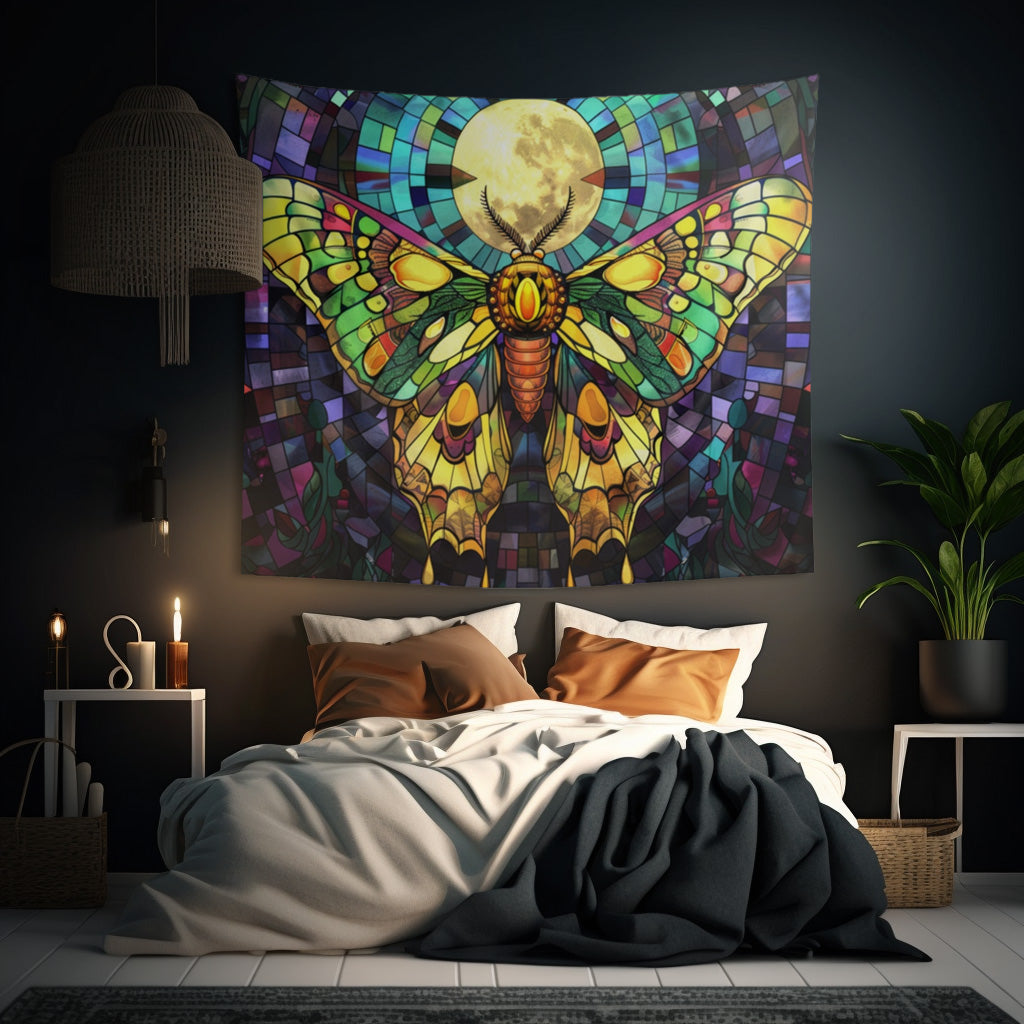 Golden Sunset Moth & Full Moon Wall Tapestry, Stained Glass-Inspired Vibrant Wing Artistry, Decorative Piece for Creative & Inspiring Spaces
