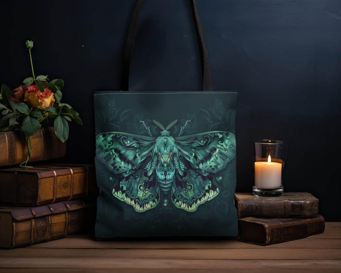 Lunar Moth Polyester Tote Bag (Double Sided), Emerald Inspired Design, Green Neon Style Fashion, 3 Sizes, Black Handles