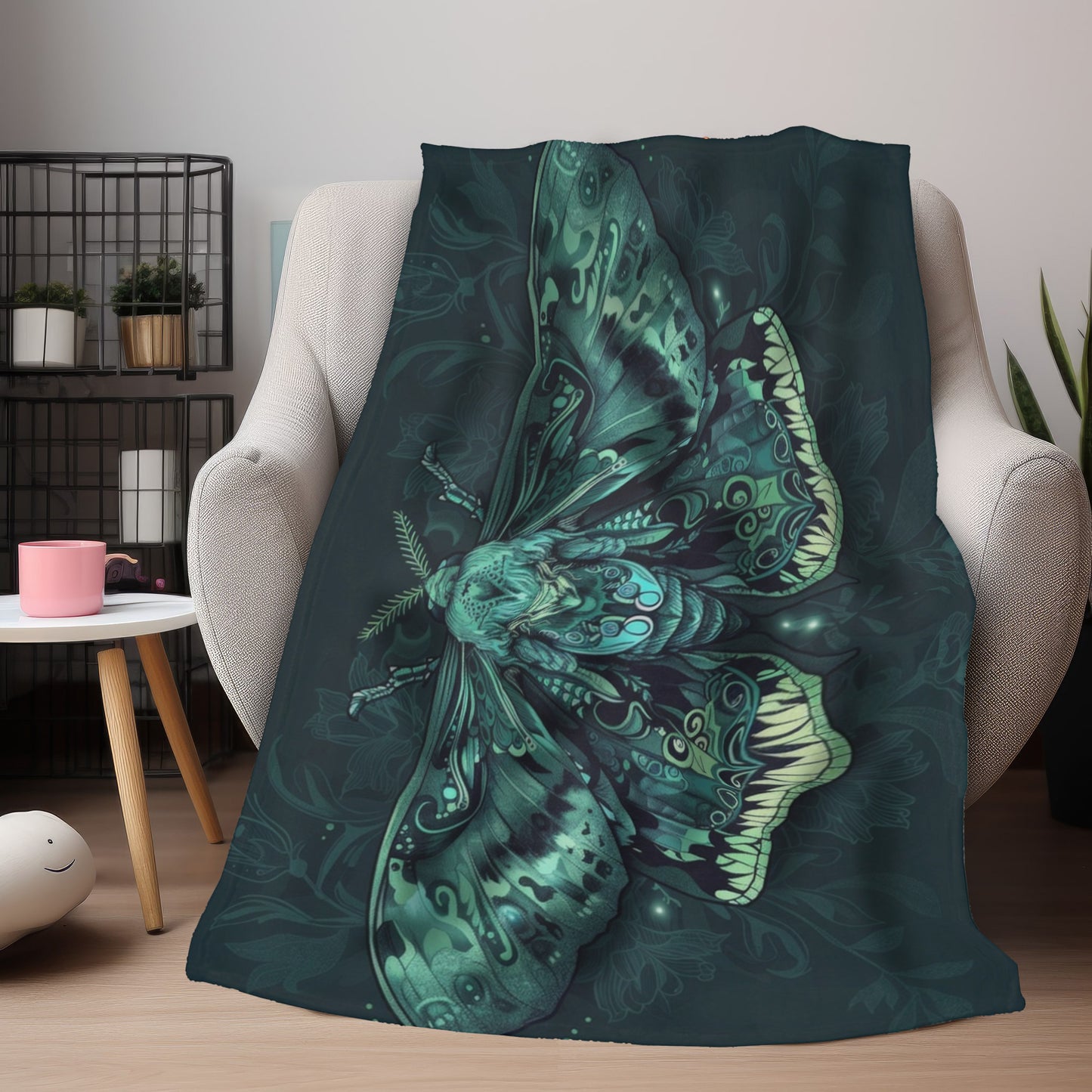 Lunar Moth Double Sided Throw Blanket, Vibrant Emerald Design, Neon Aesthetic, Mystical Magical Bedroom, Living, and Dorm Room Decor