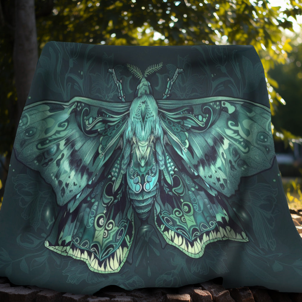 Lunar Moth Double Sided Throw Blanket, Vibrant Emerald Design, Neon Aesthetic, Mystical Magical Bedroom, Living, and Dorm Room Decor