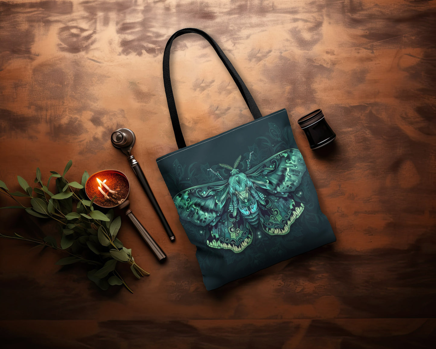 Lunar Moth Polyester Tote Bag (Double Sided), Emerald Inspired Design, Green Neon Style Fashion, 3 Sizes, Black Handles