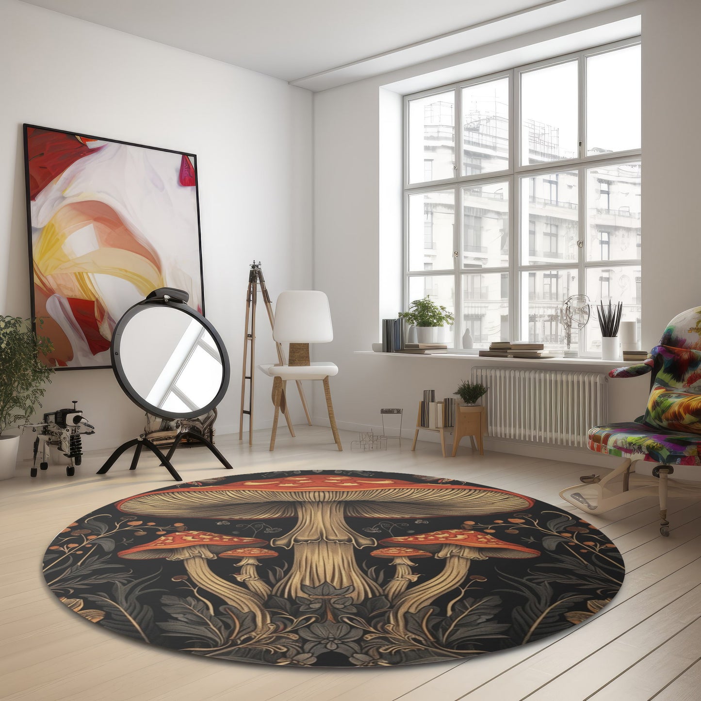 Mushrooms & Wildflowers Chenille Round Area Rug, Mystical Folk Design, Dark Cottagecore Bedroom, Living and Meditation Space Decor
