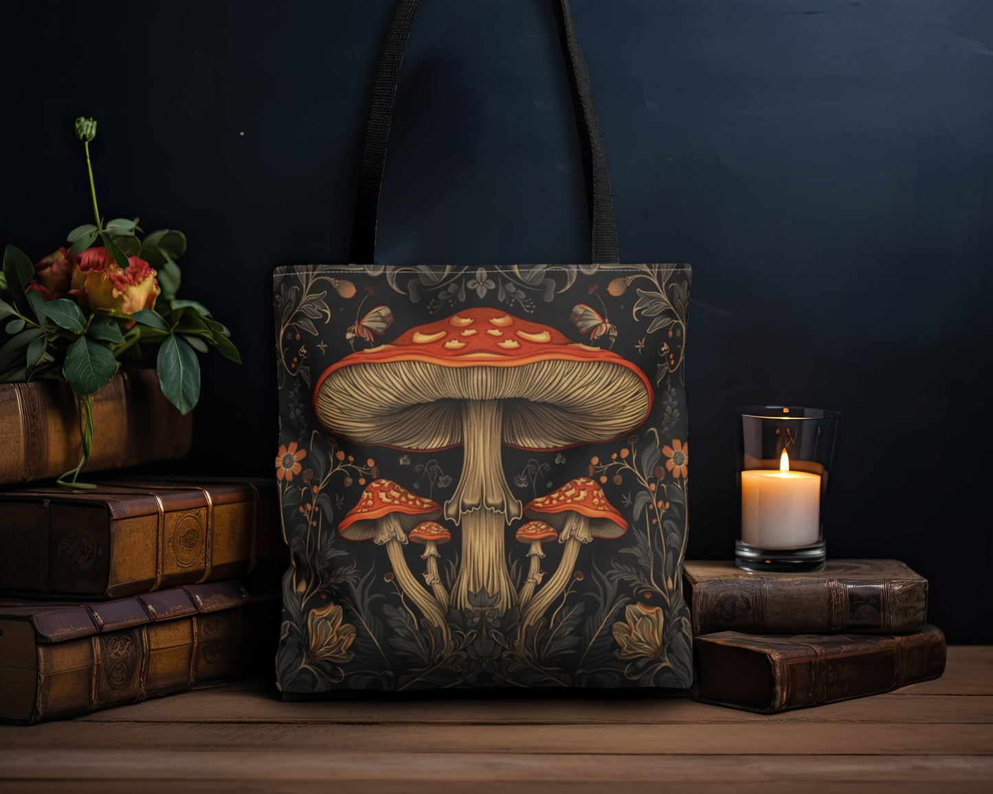 Enchanted Forest Mushroom & Wildflower Polyester Tote Bag (Double Sided) - Dark Cottagecore Charm, 3 Sizes, with Black Handles