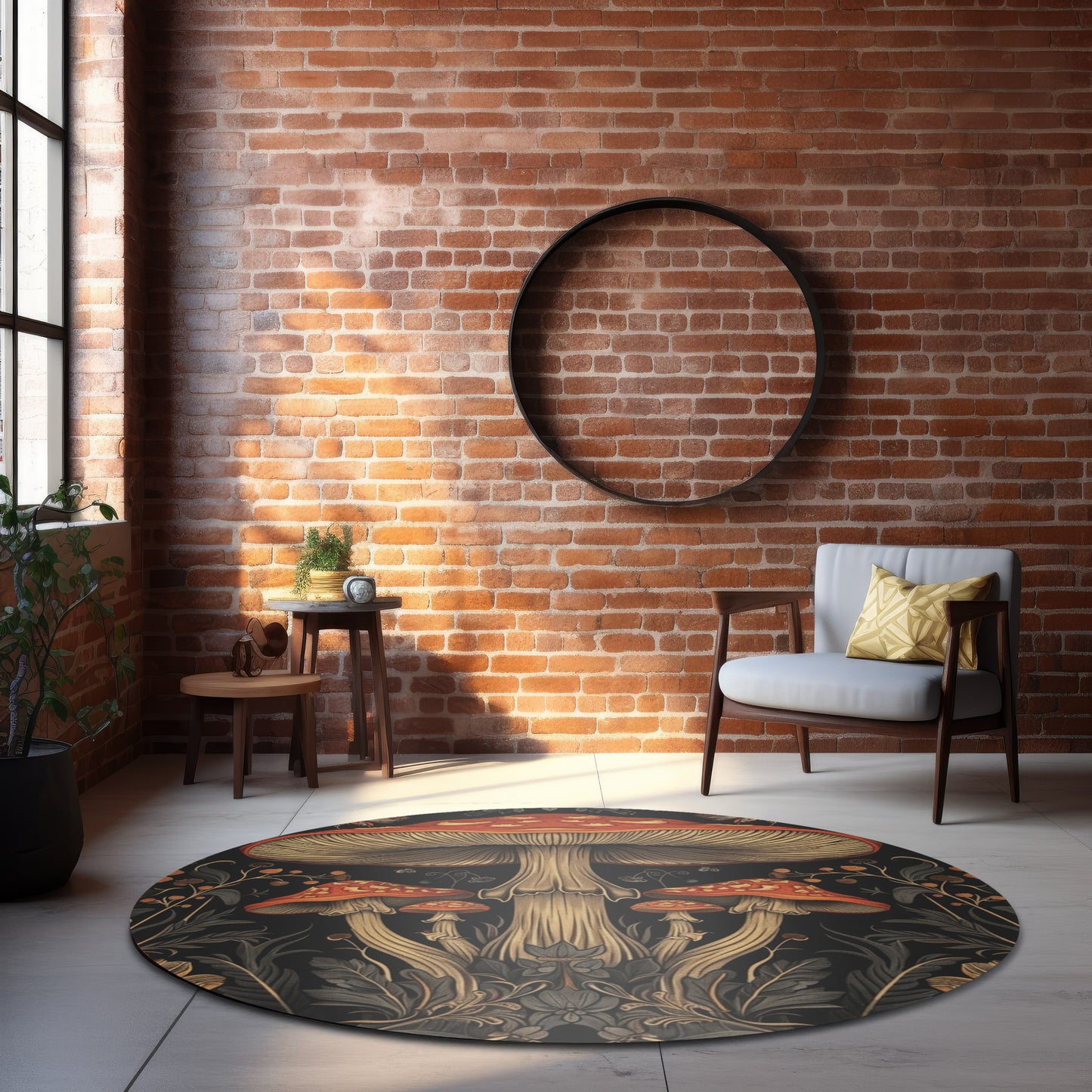 Mushrooms & Wildflowers Chenille Round Area Rug, Mystical Folk Design, Dark Cottagecore Bedroom, Living and Meditation Space Decor