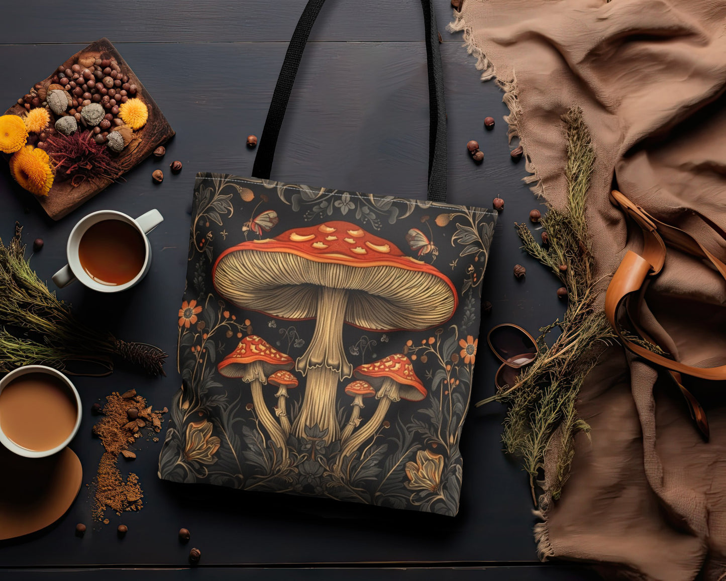 Enchanted Forest Mushroom & Wildflower Polyester Tote Bag (Double Sided) - Dark Cottagecore Charm, 3 Sizes, with Black Handles