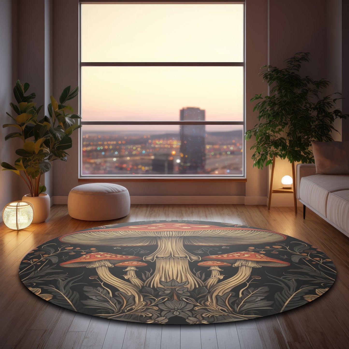 Mushrooms & Wildflowers Chenille Round Area Rug, Mystical Folk Design, Dark Cottagecore Bedroom, Living and Meditation Space Decor