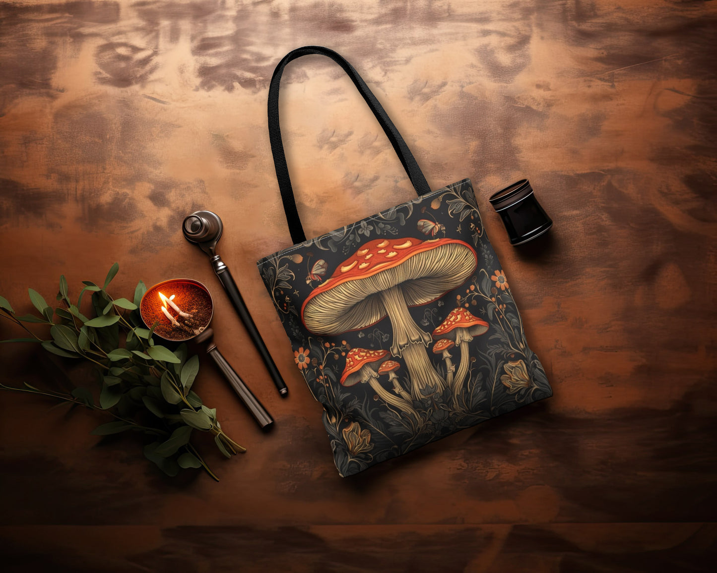 Enchanted Forest Mushroom & Wildflower Polyester Tote Bag (Double Sided) - Dark Cottagecore Charm, 3 Sizes, with Black Handles