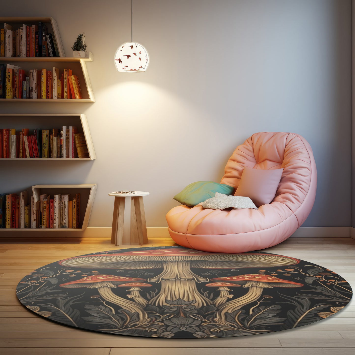 Mushrooms & Wildflowers Chenille Round Area Rug, Mystical Folk Design, Dark Cottagecore Bedroom, Living and Meditation Space Decor