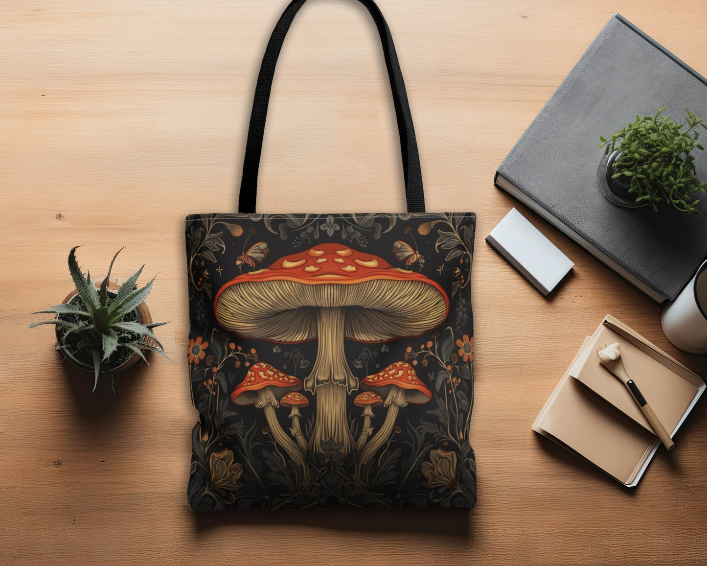 Enchanted Forest Mushroom & Wildflower Polyester Tote Bag (Double Sided) - Dark Cottagecore Charm, 3 Sizes, with Black Handles