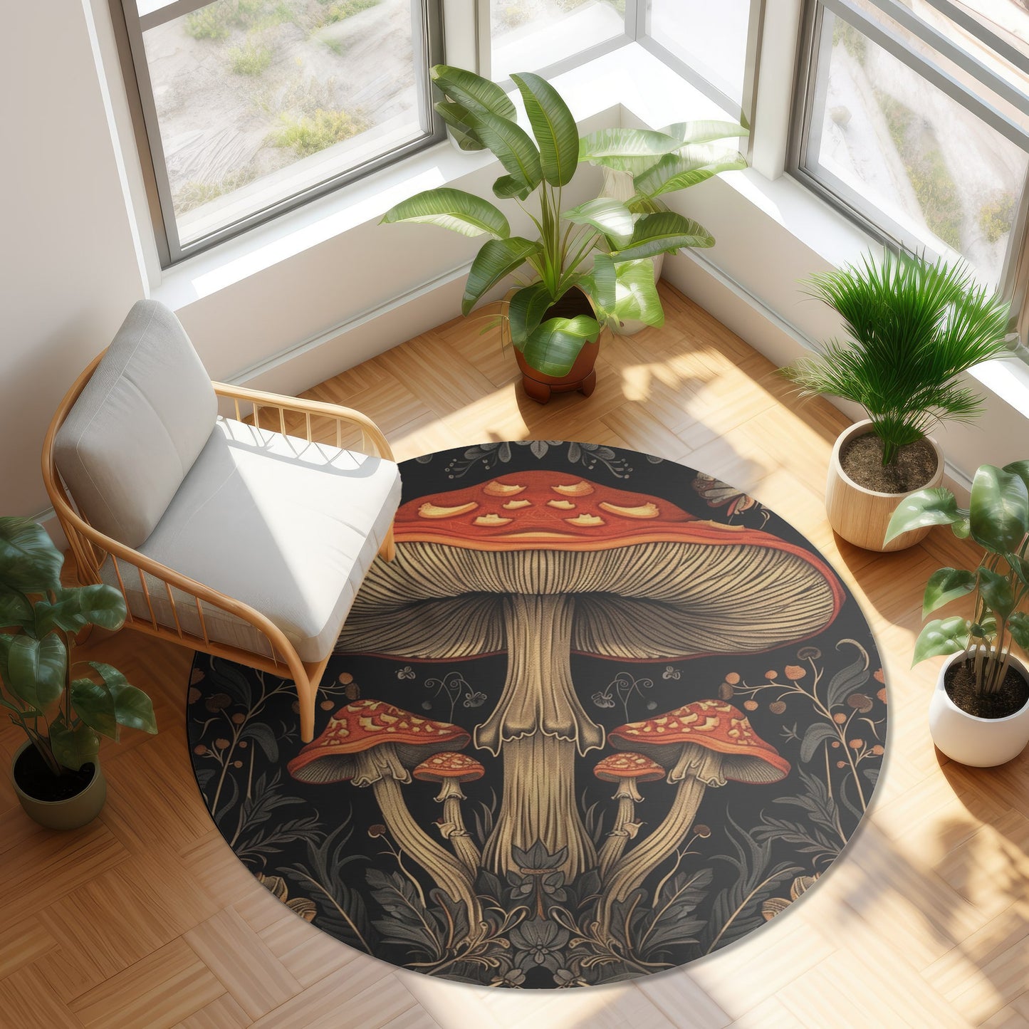 Mushrooms & Wildflowers Chenille Round Area Rug, Mystical Folk Design, Dark Cottagecore Bedroom, Living and Meditation Space Decor