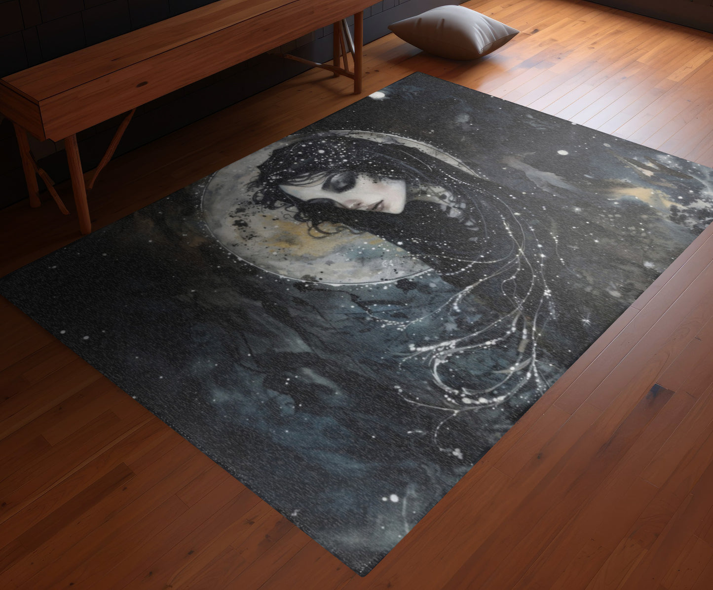 Nyx’s Nocturne Chenille Area Rug, Greek Night Deity Motif, Starry Elegance, Majestic Decor, Cosmic Ambiance Enhancer