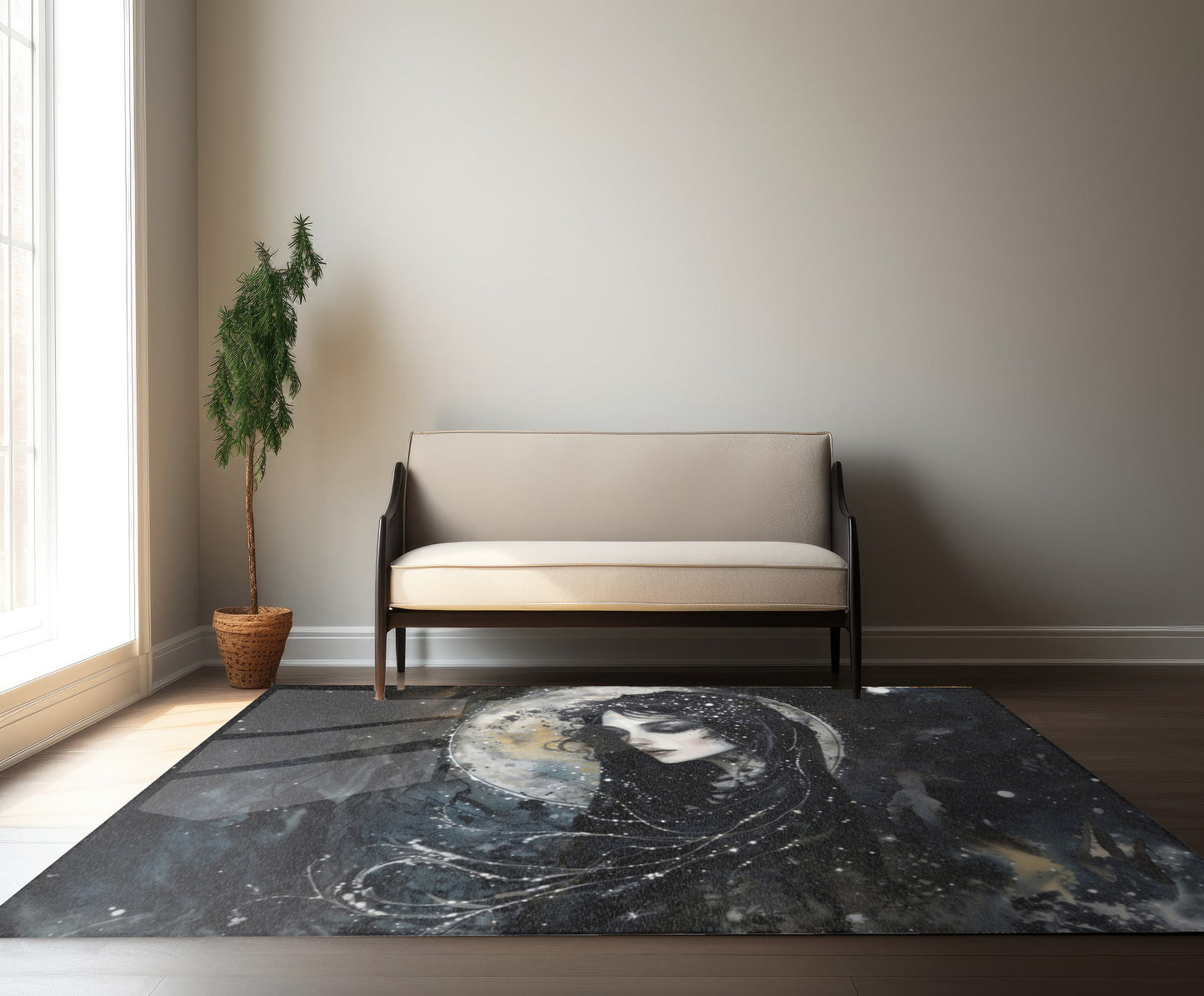 Nyx’s Nocturne Chenille Area Rug, Greek Night Deity Motif, Starry Elegance, Majestic Decor, Cosmic Ambiance Enhancer