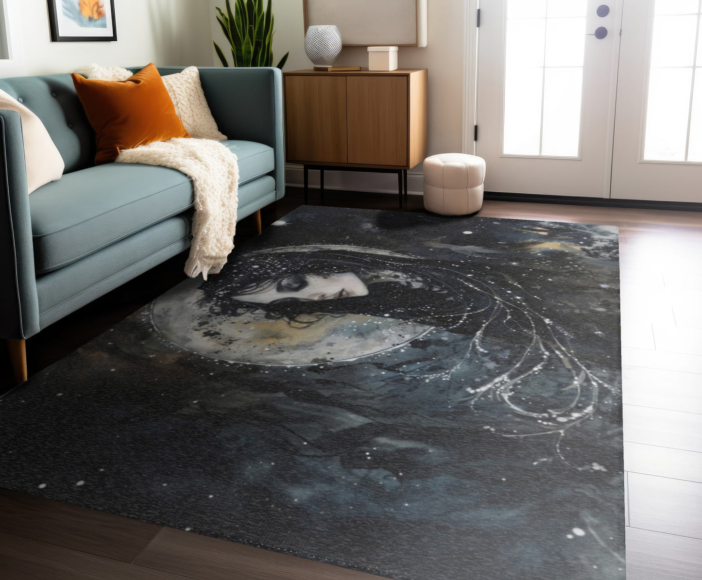 Nyx’s Nocturne Chenille Area Rug, Greek Night Deity Motif, Starry Elegance, Majestic Decor, Cosmic Ambiance Enhancer