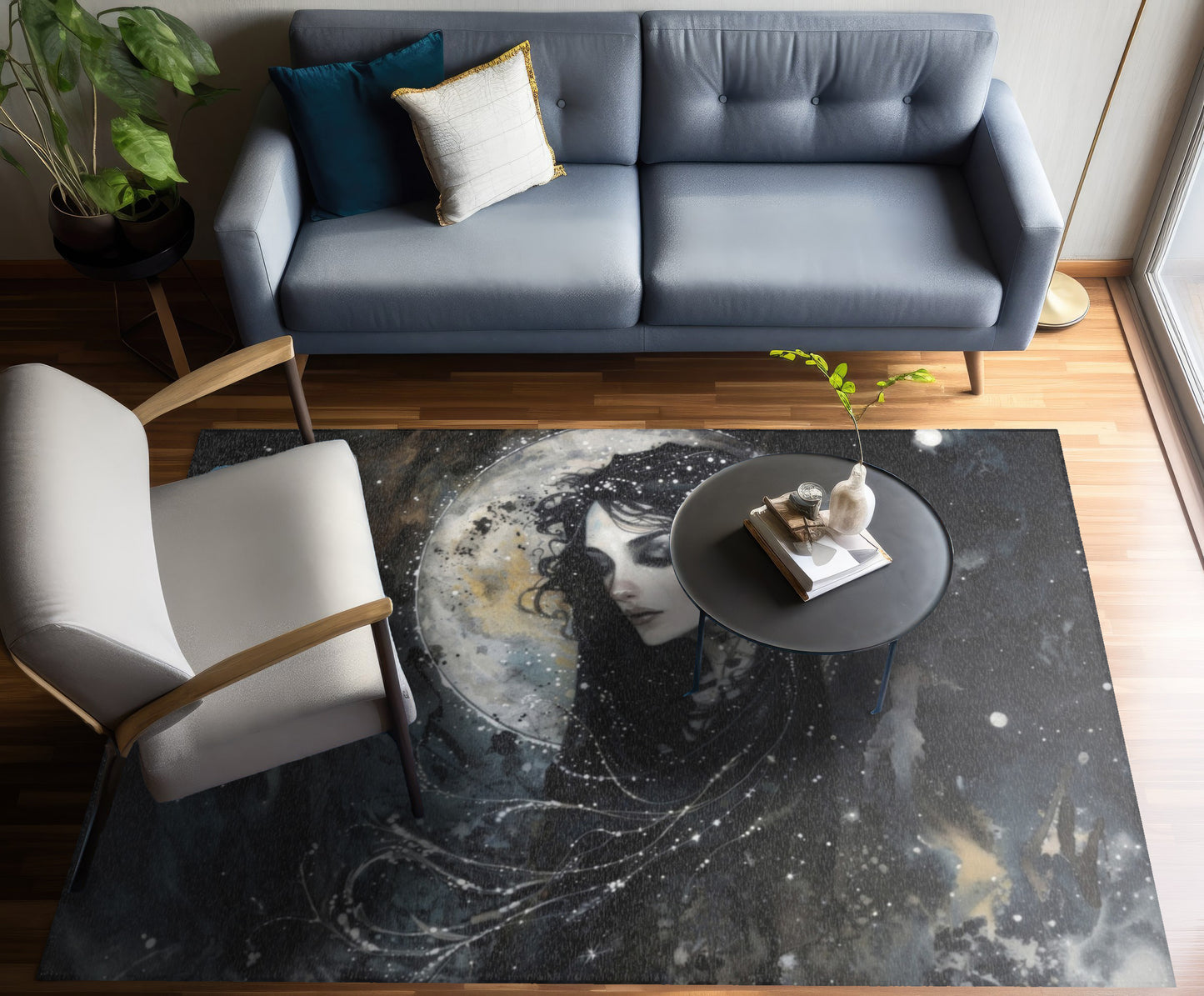 Nyx’s Nocturne Chenille Area Rug, Greek Night Deity Motif, Starry Elegance, Majestic Decor, Cosmic Ambiance Enhancer