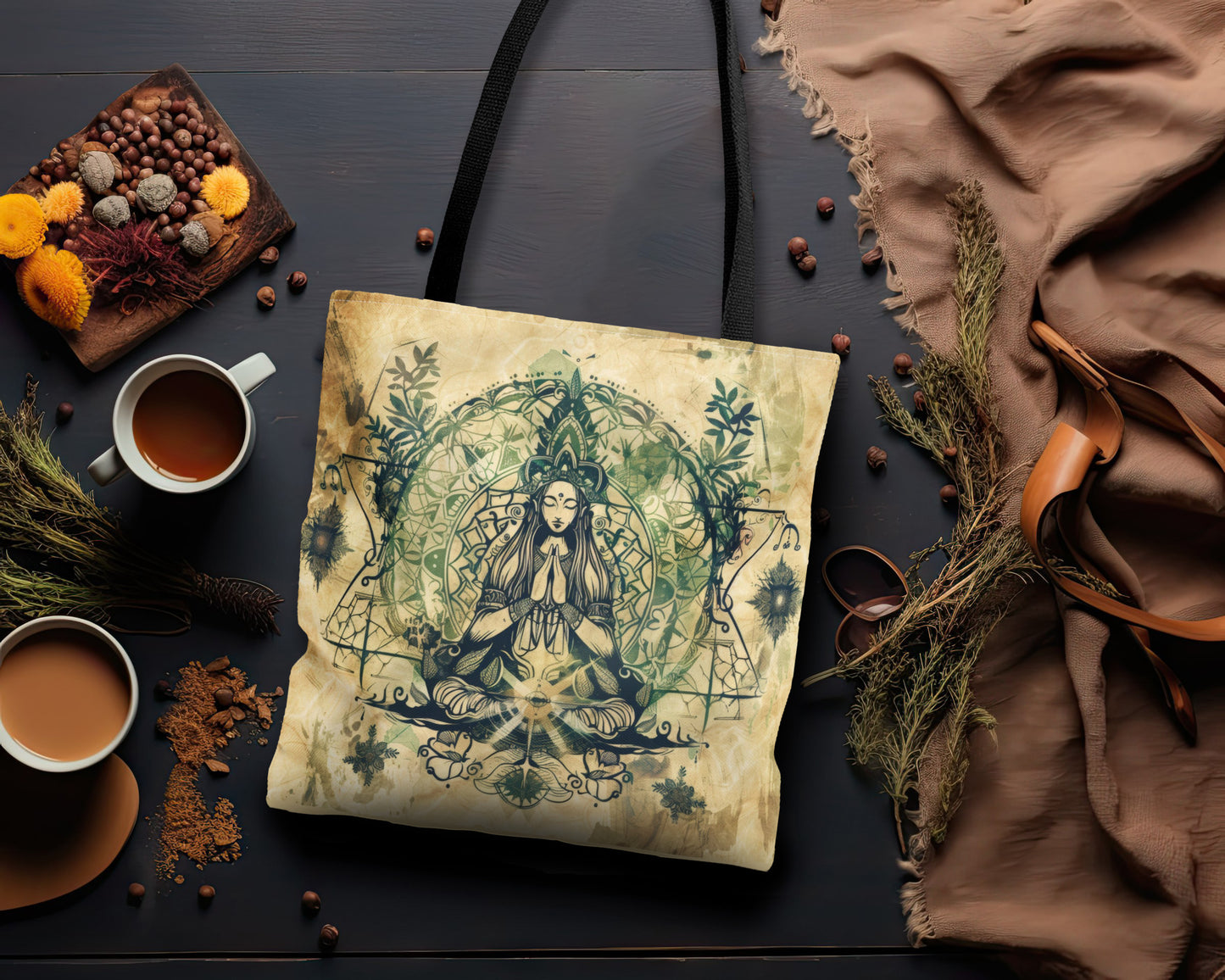 Nature Goddess Polyester Tote Bag (Double Sided), Zen Nature Aesthetic, Sacred Geometry Style Fashion, 3 Sizes, Black Handles