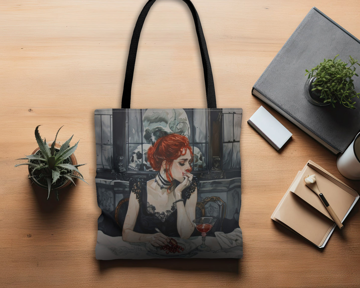 Persephone's Repose Artistic Dual-Sided Tote Bag, Pomegranate & Elegance, Essential Accessory for the Fashion-Conscious
