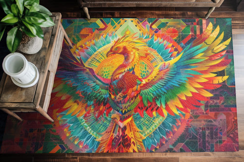 Psychedelic Rainbow Phoenix Chenille Area Rug (3 Sizes), Street Art Aesthetic, Vibrant Colorful Style Living, Dorm & Bed Room Decor