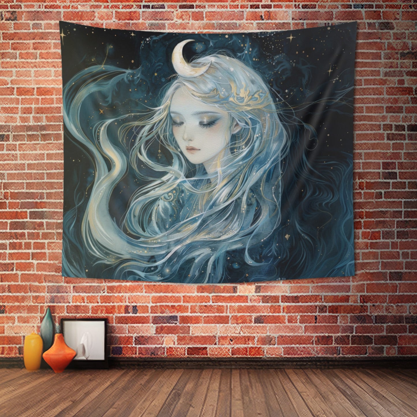 Selene's Moonlit Reverie Wall Tapestry, Goddess of the Moon Portrait, Celestial Night Elegance, Enigmatic Cosmic Decor Piece