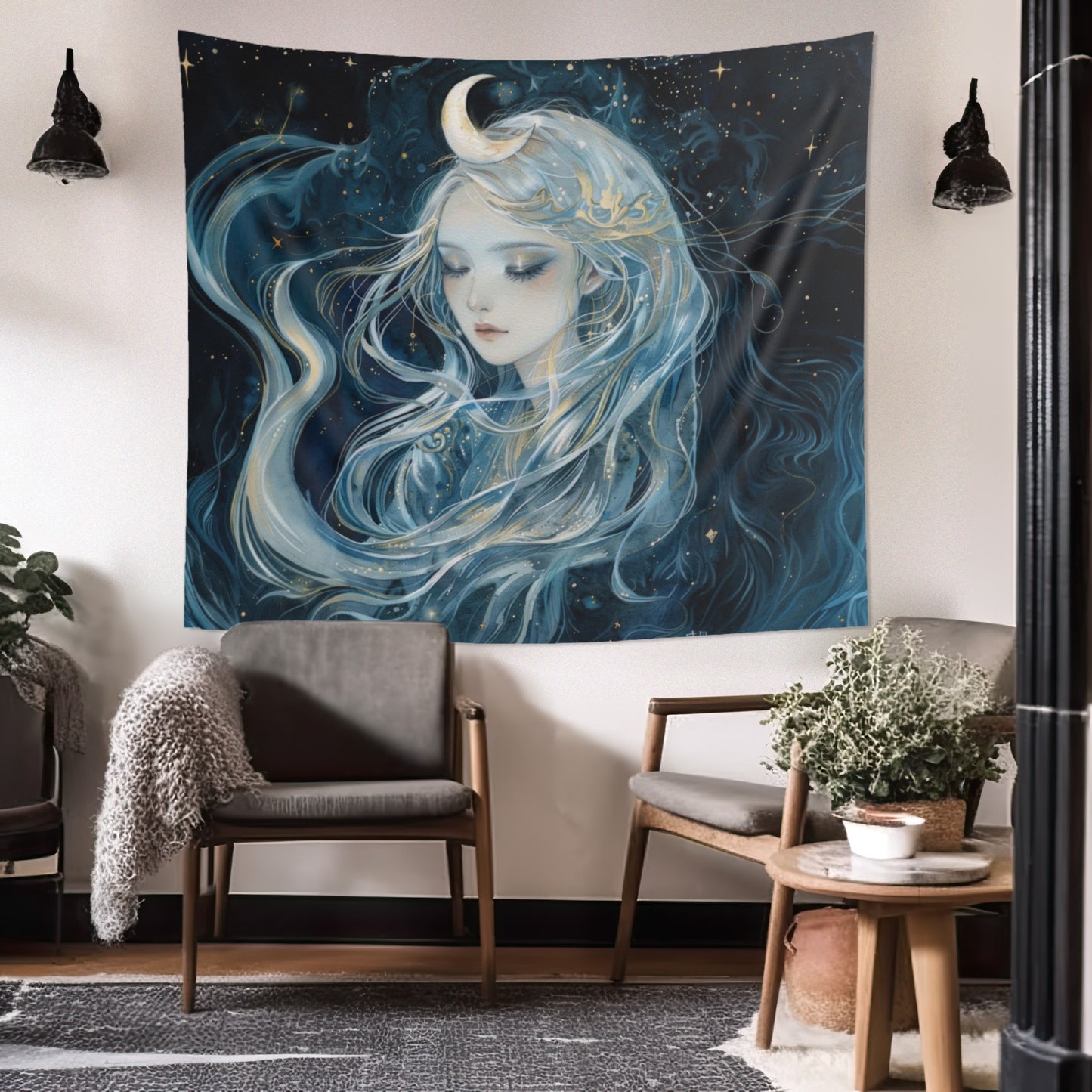 Selene's Moonlit Reverie Wall Tapestry, Goddess of the Moon Portrait, Celestial Night Elegance, Enigmatic Cosmic Decor Piece