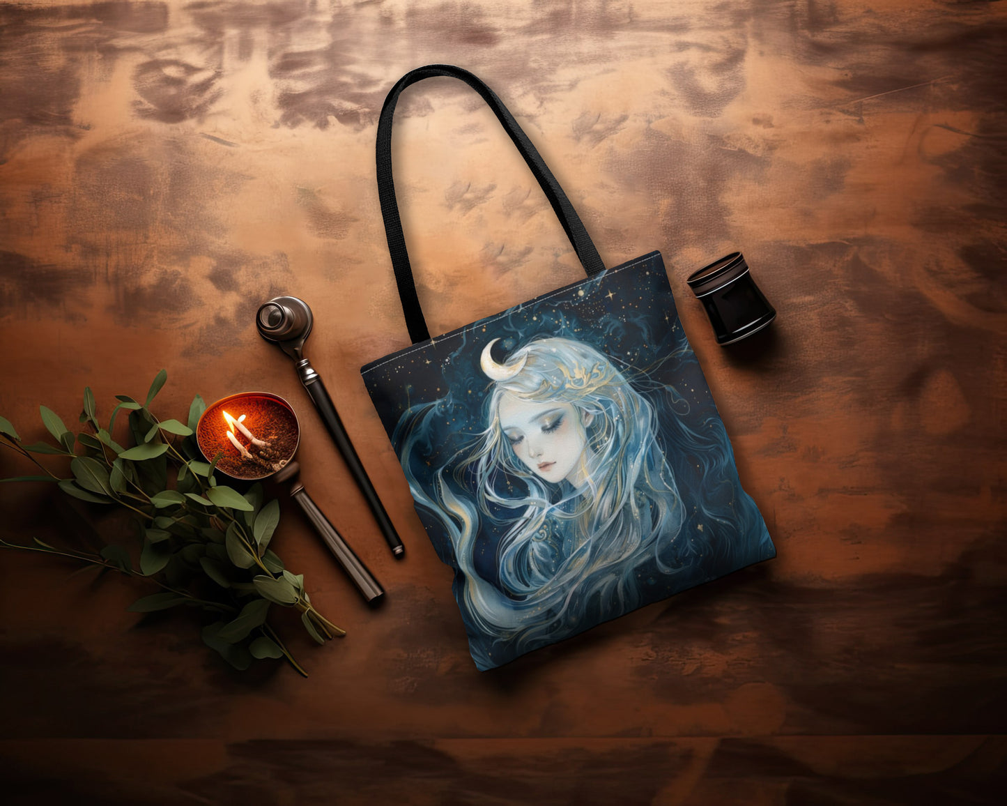 Selene's Moonlit Reverie Tote Bag, Dual-Sided Moon Goddess Design, Celestial Elegance, Ethereal Fashion Accessory