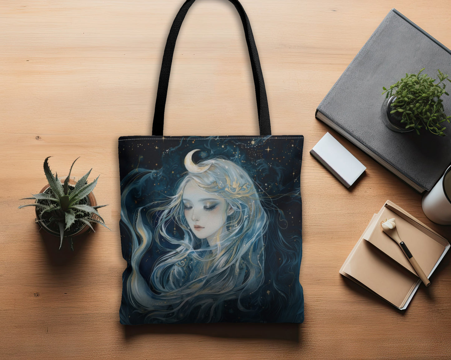 Selene's Moonlit Reverie Tote Bag, Dual-Sided Moon Goddess Design, Celestial Elegance, Ethereal Fashion Accessory