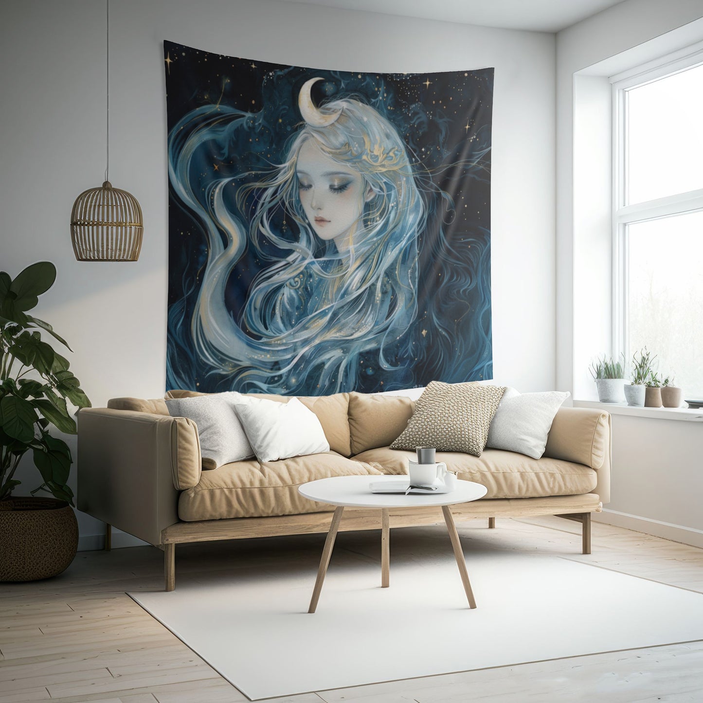 Selene's Moonlit Reverie Wall Tapestry, Goddess of the Moon Portrait, Celestial Night Elegance, Enigmatic Cosmic Decor Piece