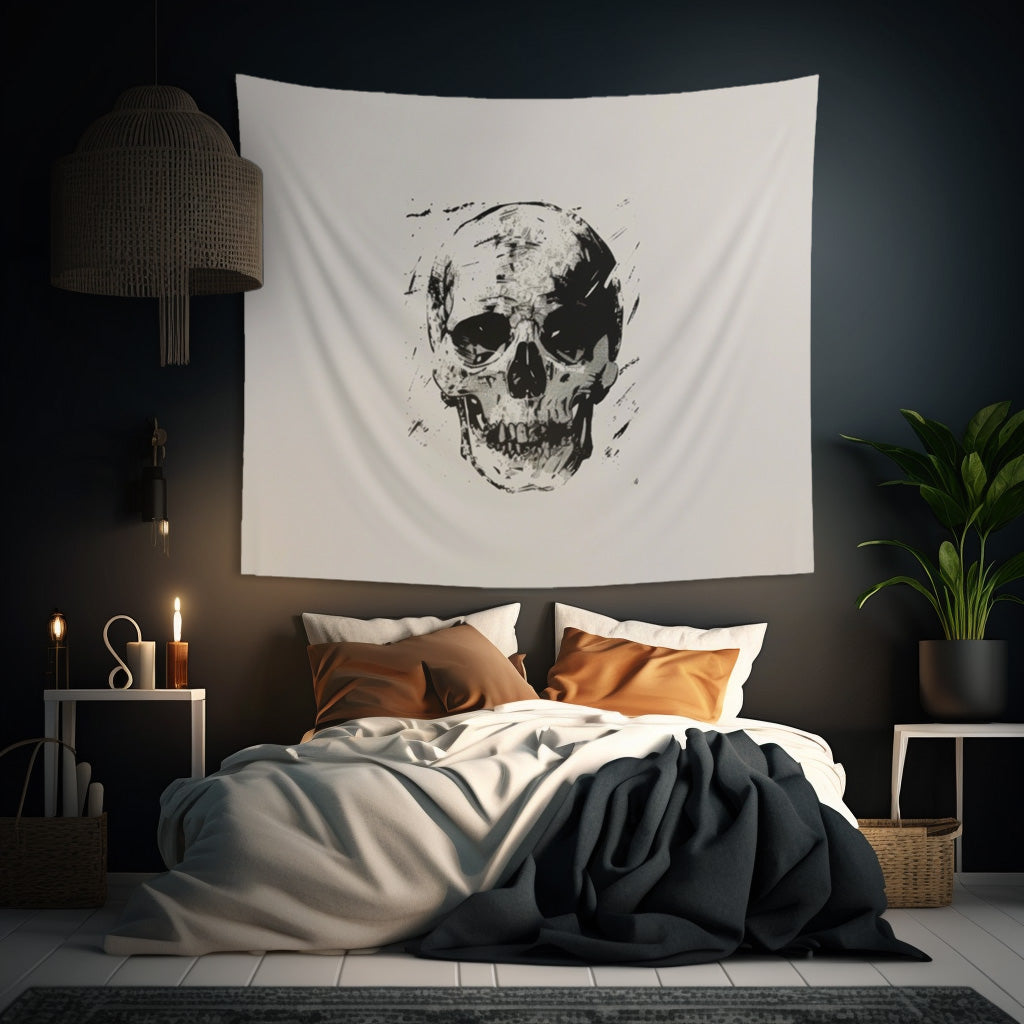 Grunge Skull Print Wall Tapestry, Monochrome Gothic Art Decor, Stylish Edgy Look for Bedroom, Dorm, or Living Room, Urban Chic Interior