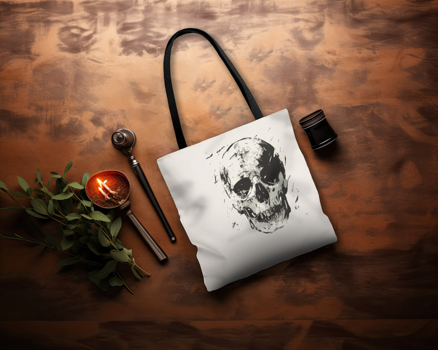 Grunge Skull Print Double Sided Tote Bag (3 Sizes), Monochrome Gothic Art Decor, Stylish Edgy Fashion, Black Handles, Minimalist Cryptic Aesthetic