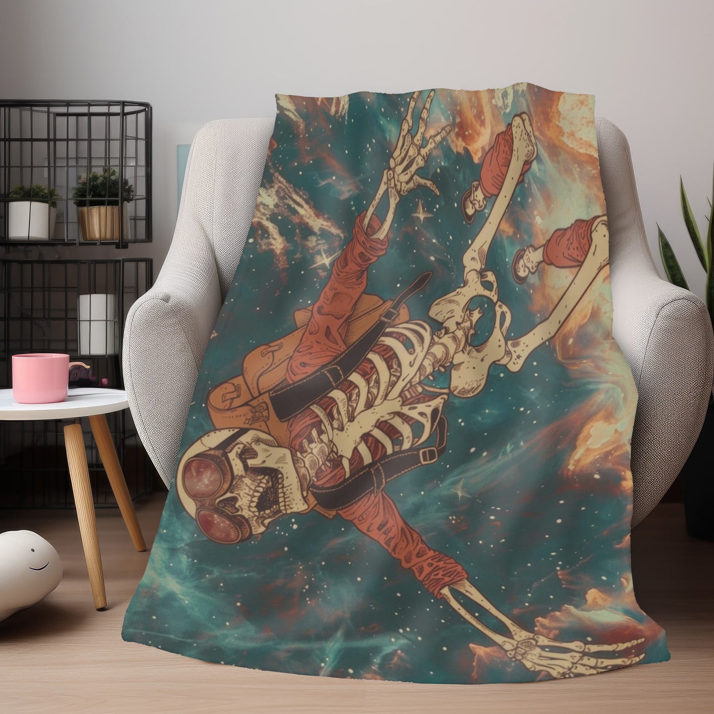 Sky Diving Skeleton Double Sided Throw Blanket (3 Sizes), Dark Cottagecore Design, Gothic Street Art Aesthetic Bedroom, Living, and Dorm Room Decor